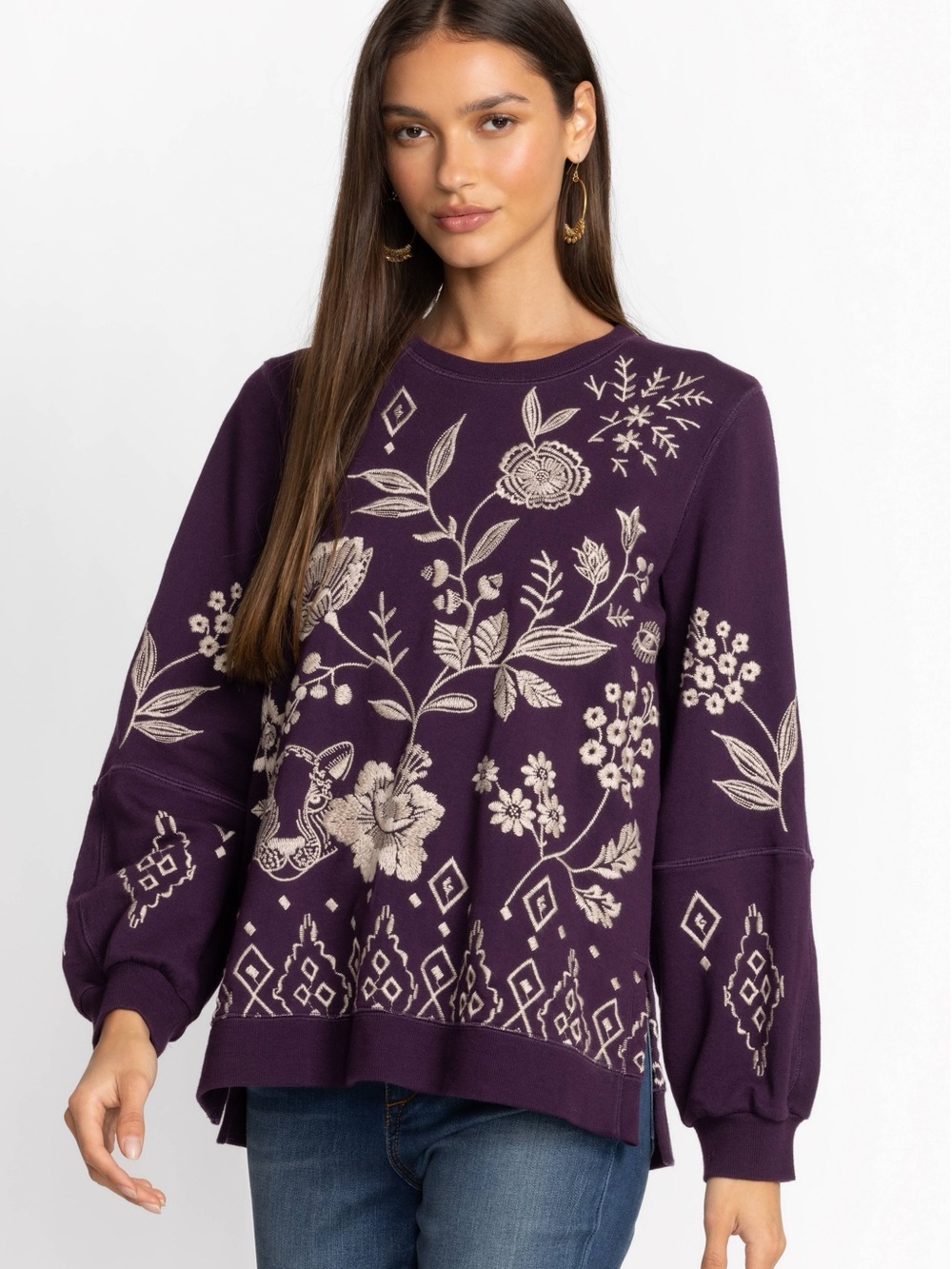 Johnny Was Deep Purple Embroidered Ivey High Slit Sweatshirt Small Boho Gypsy